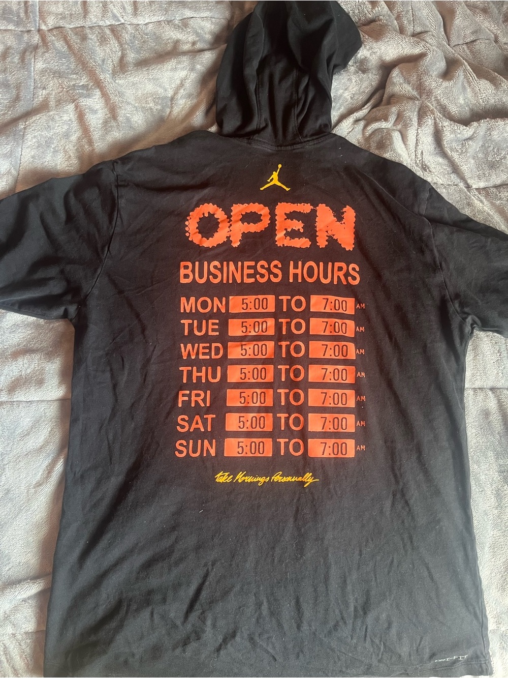 Jordan Black Hooded Tee with Orange 'OPEN' Business Hours Graphic